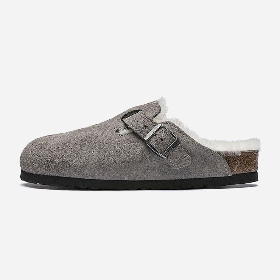 Women'S Birkenstock | Birkenstock Boston Shearling Suede Leather Stone Coin