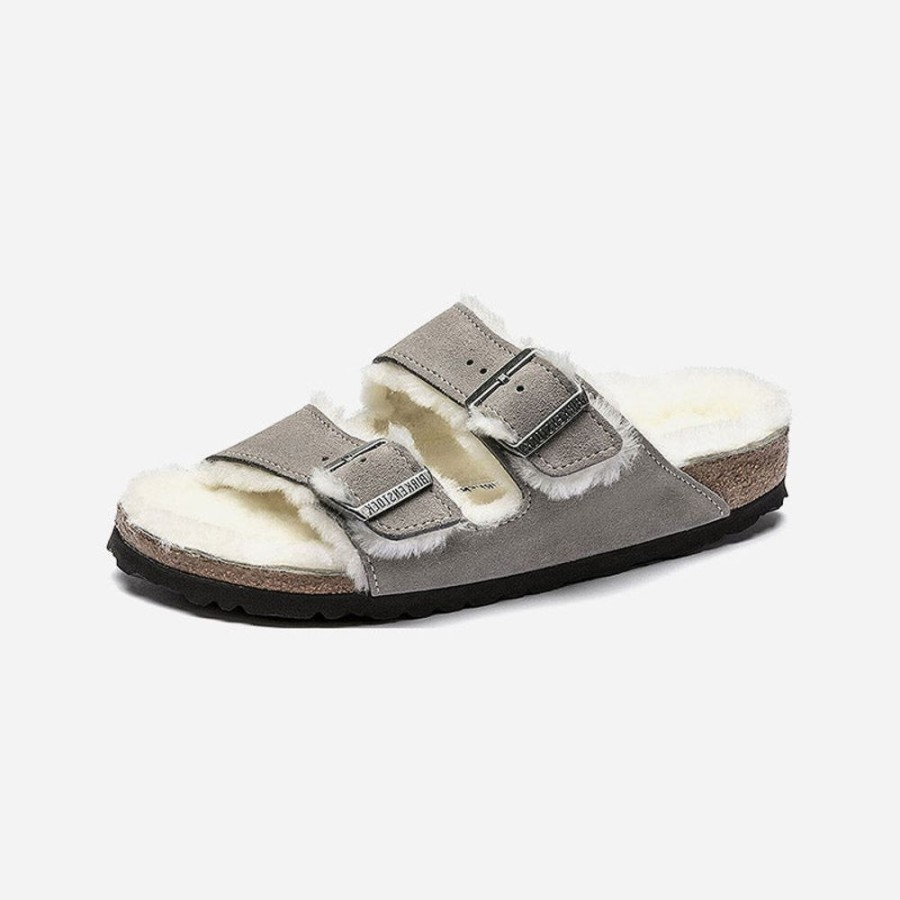 Women'S Birkenstock | Birkenstock Arizona Shearling Suede Leather Stone Coin