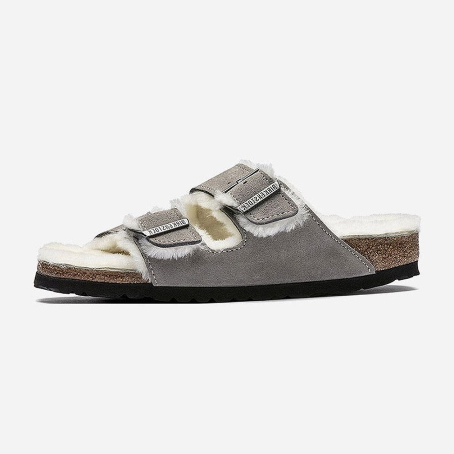 Women'S Birkenstock | Birkenstock Arizona Shearling Suede Leather Stone Coin